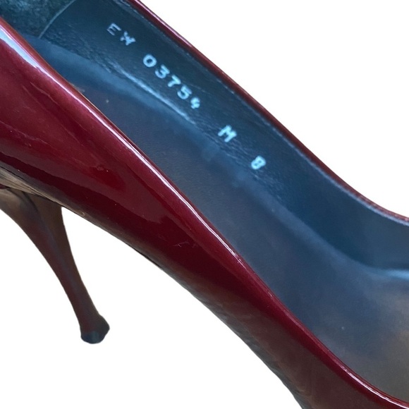 Stuart Weitzman Burgundy Red Stiletto Patent Leather Peep Toe Heels 8 - Picture 9 of 11